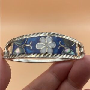 Silver and Blue Floral Mexico Abalone Inlay Bracelet M69